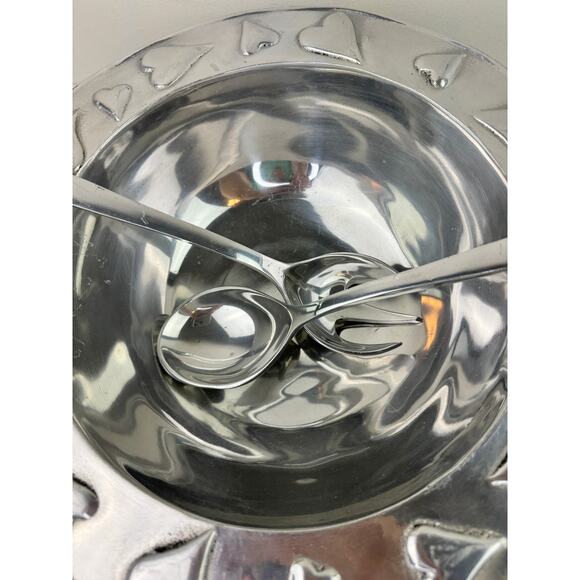 Mexico Silver Salad Bowl Stainless Steel Hearts Spoon Fork Serveware Set RARE - Picture 5 of 11